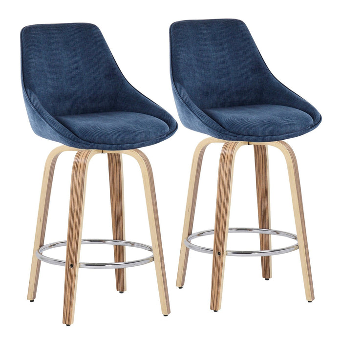 Diana - Fixed - Height Counter Stool - Zebra Wood Legs And Round Chrome Footrest With Blue Corduroy Fabric (Set of 2)